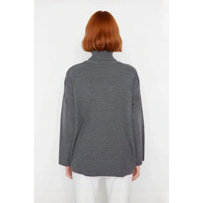 Kadın Oversize Balıkçı Yaka Düşük Kol Akrilik Triko Kazak Kış Sezonu İçin Uzun Basic Model