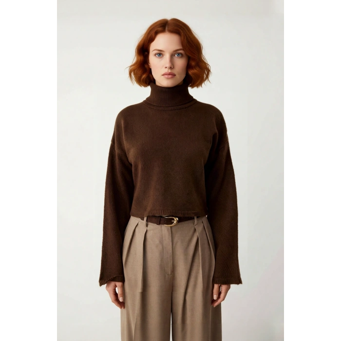 Kadın Oversize Balıkçı Yaka Düşük Kol Süper Crop Triko Kazak Kış Ve Sonbahar İçin İdeal Günlük