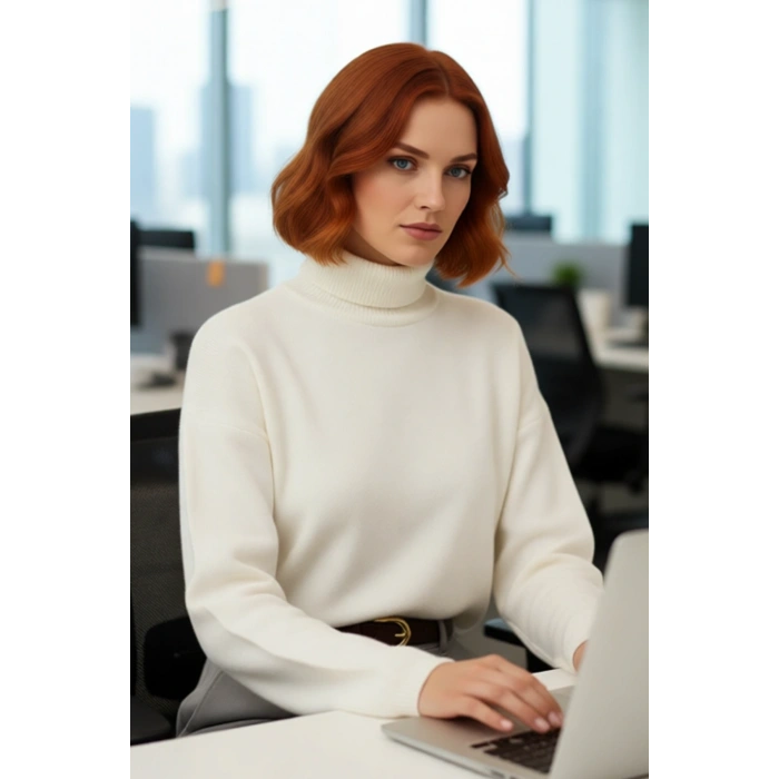 Kadın Oversize Balıkçı Yaka Düşük Kol Süper Crop Triko Kazak Kış Ve Sonbahar İçin İdeal Günlük