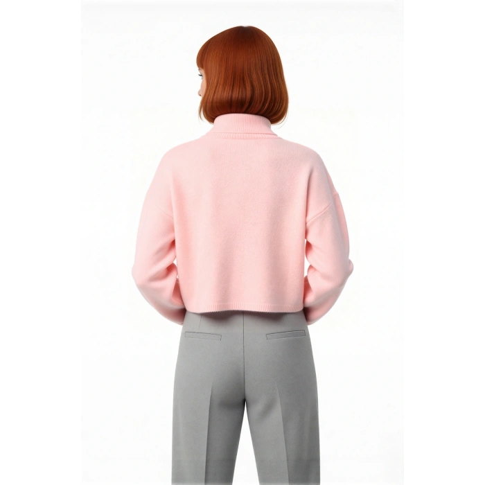 Kadın Oversize Balıkçı Yaka Düşük Kol Süper Crop Triko Kazak Kış Ve Sonbahar İçin İdeal Günlük