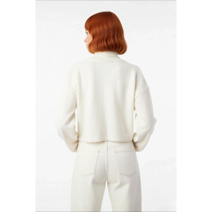 Kadın Oversize Balıkçı Yaka Düşük Kol Süper Crop Triko Kazak Kış Ve Sonbahar İçin İdeal Günlük