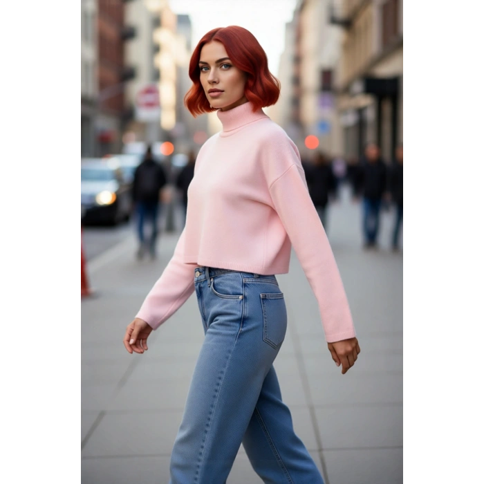 Kadın Oversize Balıkçı Yaka Düşük Kol Triko Kazak Süper Crop Boy Kışlık Rahat Ve Şık Tasarım