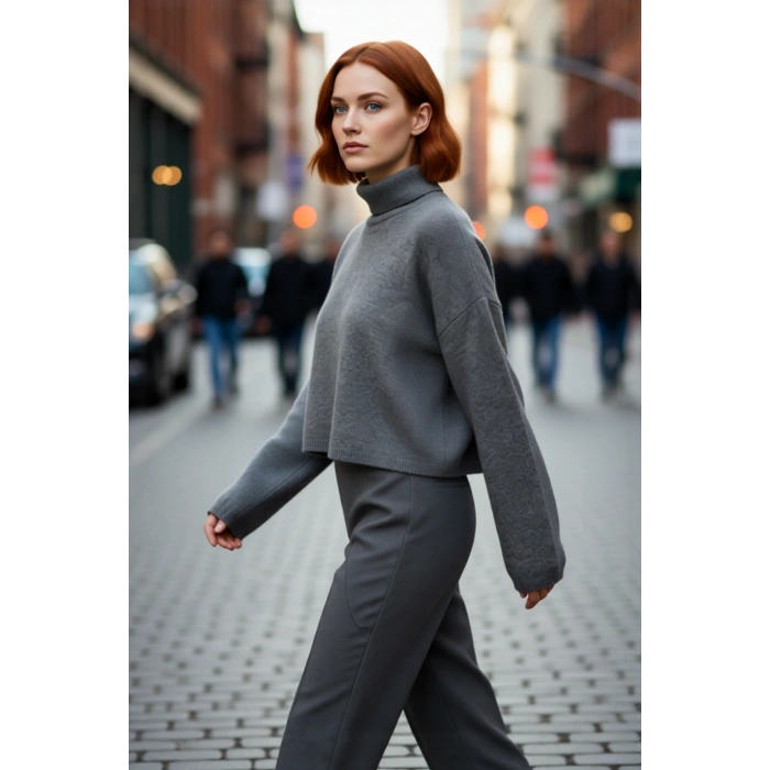 Kadın Oversize Balıkçı Yaka Düşük Kol Triko Kazak Süper Crop Boy Kışlık Rahat Ve Şık Tasarım