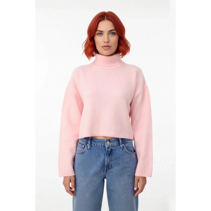 Kadın Oversize Balıkçı Yaka Düşük Kol Triko Kazak Süper Crop Boy Kışlık Rahat Ve Şık Tasarım