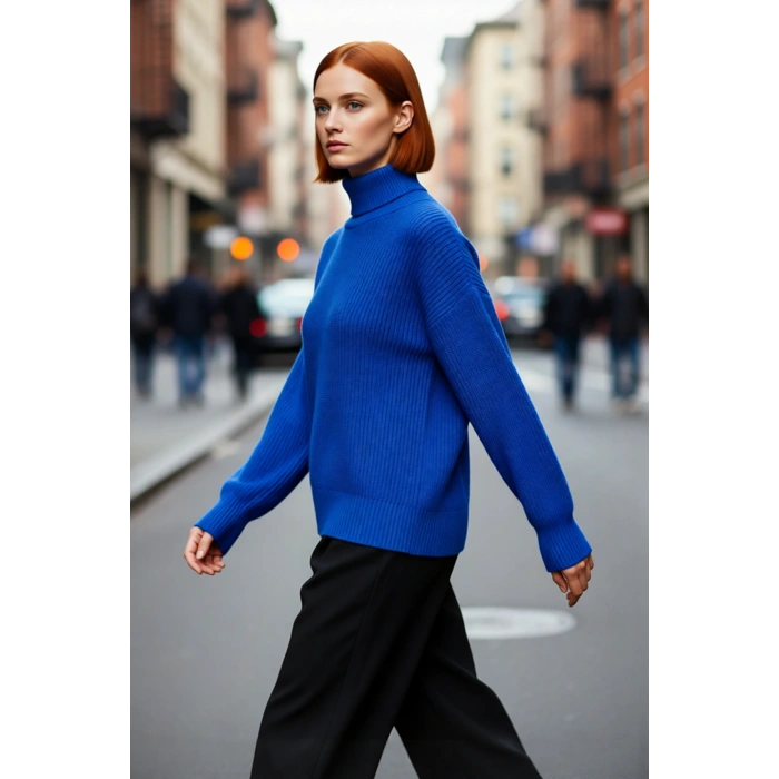 Kadın Oversize Balıkçı Yaka Düz Akrilik Triko Kazak Kış Günleri İçin İdeal Uzun Kollu Model