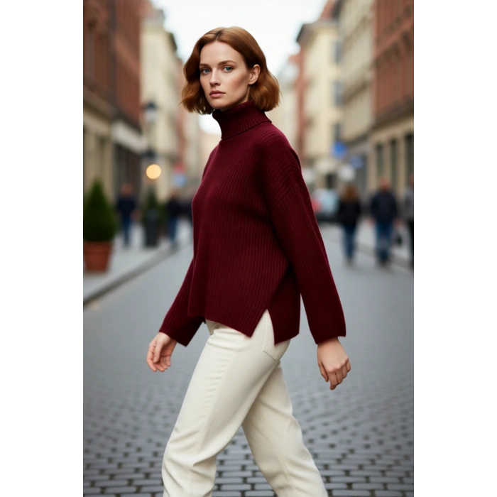 Kadın Oversize Balıkçı Yaka Düz Fitilli Triko Kazak Kış Sezonu İçin Rahat Şıklık Sunar Kaliteli