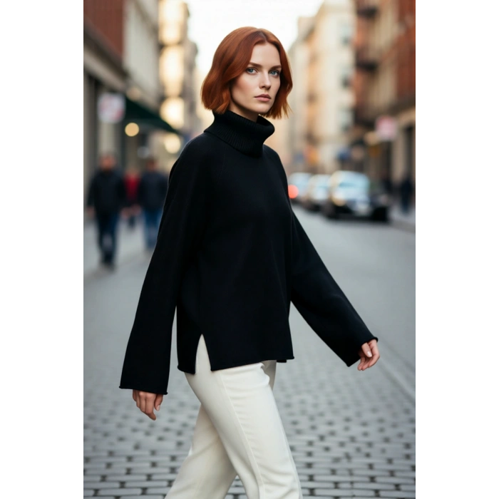 Kadın Oversize Balıkçı Yaka Reglan Kol Triko Kazak Kışlık Rahat Ve Şık Günlük Kombinler İçin İdeal