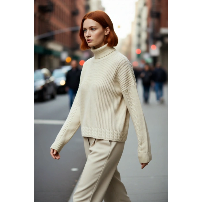 Kadın Oversize Balıkçı Yaka Triko Kazak Günlük Kullanım İçin Şık Düşük Kol Saç Örgülü Basic