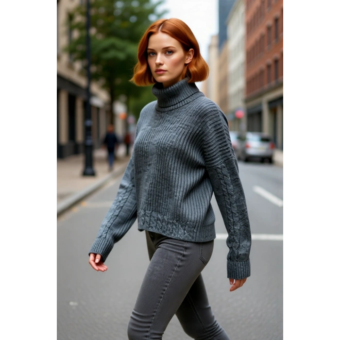 Kadın Oversize Balıkçı Yaka Triko Kazak Günlük Kullanım İçin Şık Düşük Kol Saç Örgülü Basic