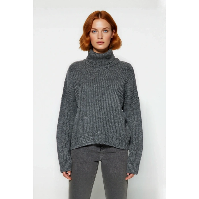 Kadın Oversize Balıkçı Yaka Triko Kazak Günlük Kullanım İçin Şık Düşük Kol Saç Örgülü Basic