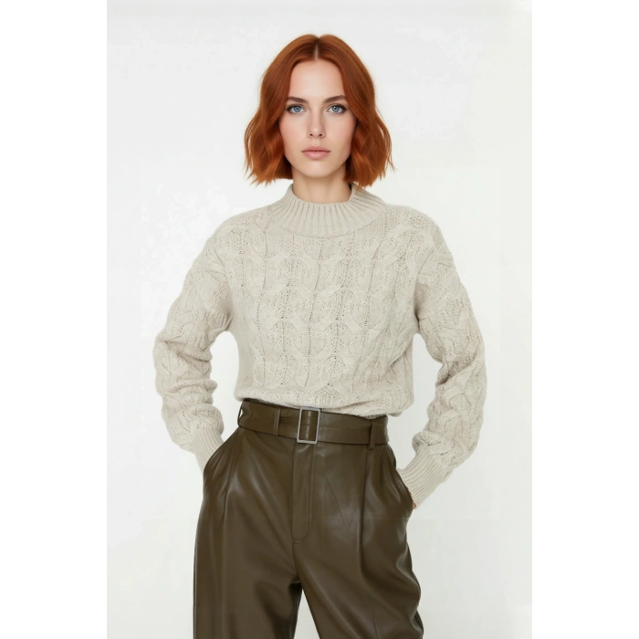 Kadın Oversize Balon Kol Dik Yaka Saç Örgü Crop Akrilik Triko Kazak Kış Modasına Uyumlu Kaliteli