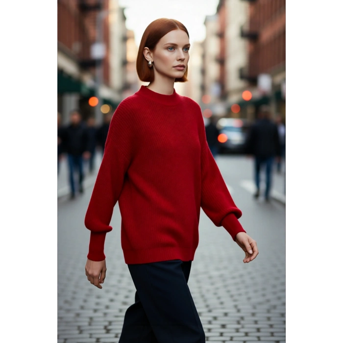 Kadın Oversize Balon Kol Selanik Dokuma Bisiklet Yaka Uzun Düz Basic Triko Kazak 100% Akrilik