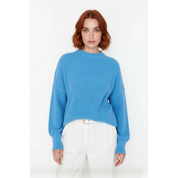 Kadın Oversize Balon Kol Selanik Dokuma Bisiklet Yaka Uzun Düz Basic Triko Kazak 100% Akrilik