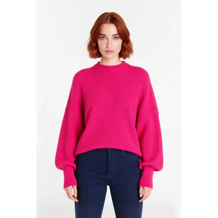 Kadın Oversize Balon Kol Selanik Dokuma Bisiklet Yaka Uzun Düz Basic Triko Kazak 100% Akrilik