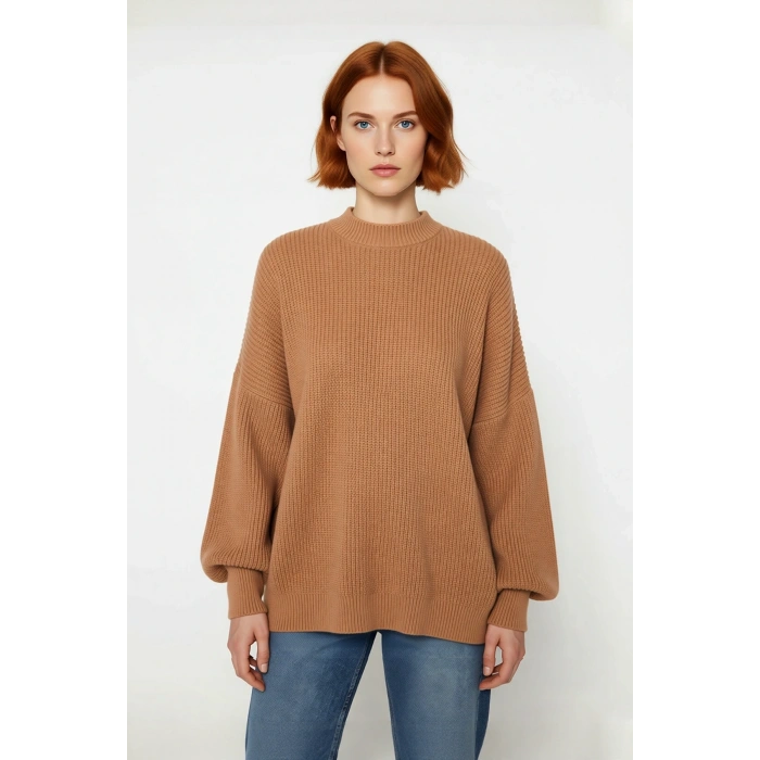 Kadın Oversize Balon Kol Selanik Dokuma Bisiklet Yaka Uzun Düz Basic Triko Kazak 100% Akrilik