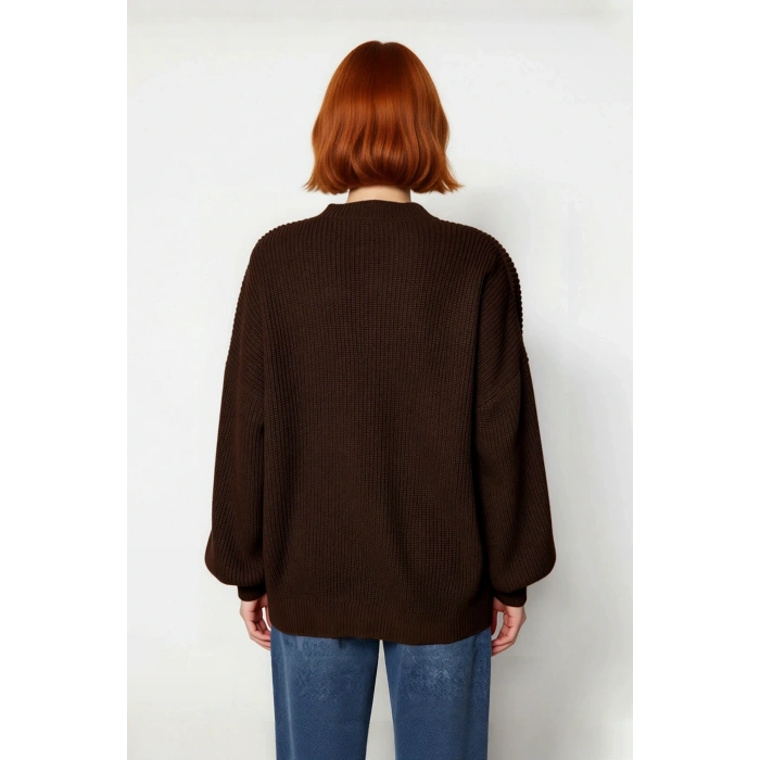 Kadın Oversize Balon Kol Selanik Dokuma Bisiklet Yaka Uzun Düz Basic Triko Kazak 100% Akrilik