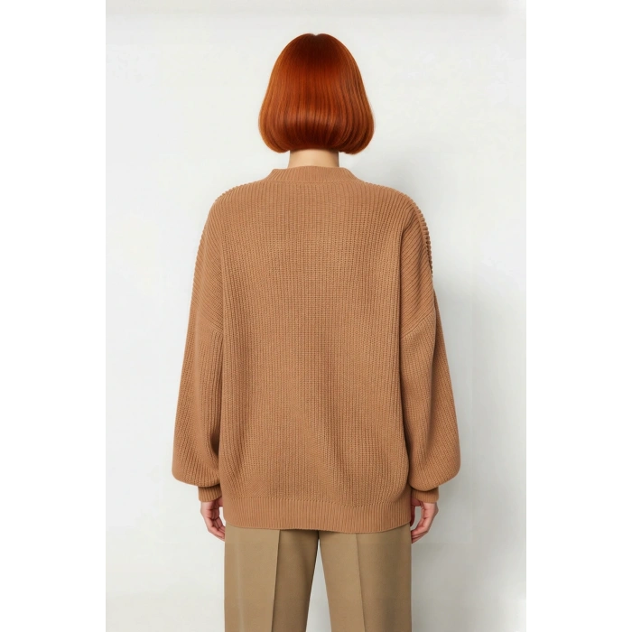 Kadın Oversize Balon Kol Selanik Dokuma Bisiklet Yaka Uzun Düz Basic Triko Kazak 100% Akrilik