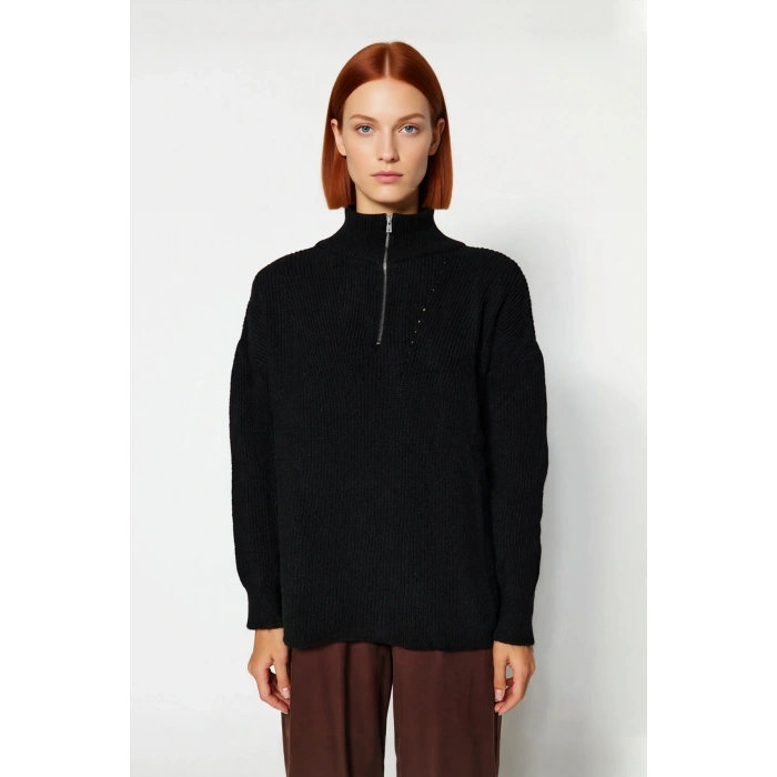 Kadın Oversize Basic Dokulu Uzun Kollu Fermuarlı Dik Yaka Selanik Örgü Triko Kazak Kaliteli