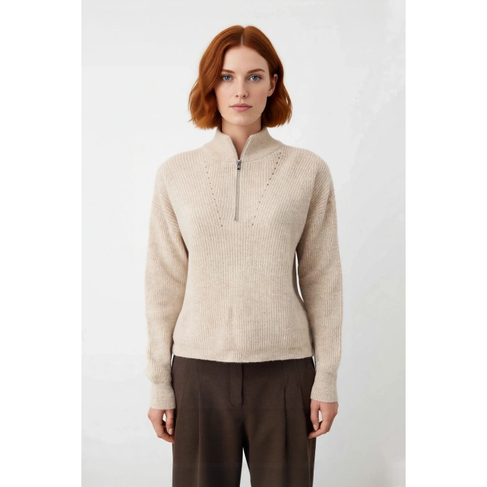 Kadın Oversize Basic Dokulu Uzun Kollu Fermuarlı Dik Yaka Selanik Örgü Triko Kazak Kaliteli