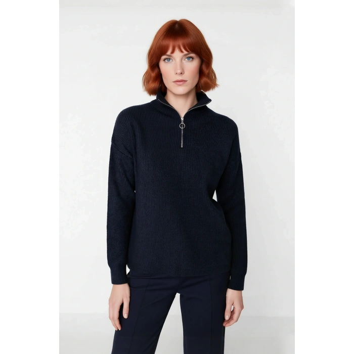 Kadın Oversize Basic Dokulu Uzun Kollu Fermuarlı Dik Yaka Selanik Örgü Triko Kazak Kaliteli