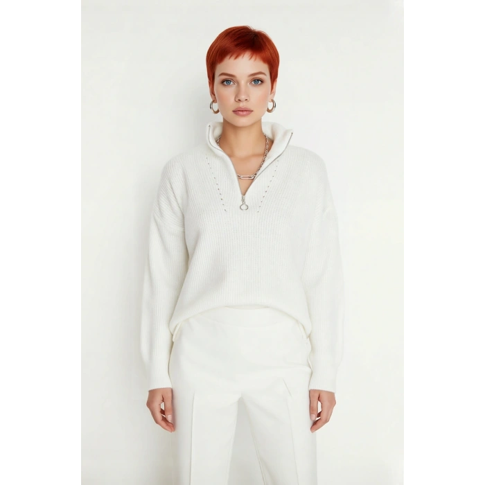 Kadın Oversize Basic Dokulu Uzun Kollu Fermuarlı Dik Yaka Selanik Örgü Triko Kazak Kaliteli