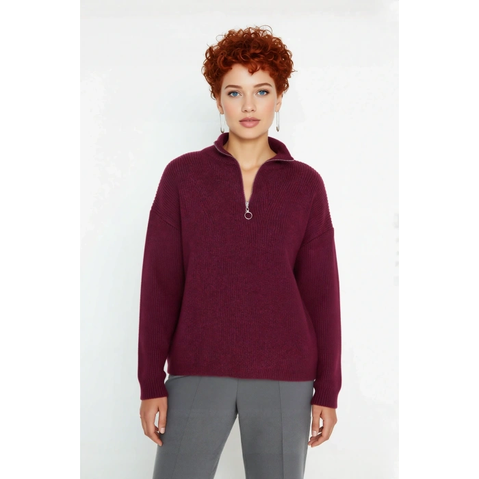 Kadın Oversize Basic Dokulu Uzun Kollu Fermuarlı Dik Yaka Selanik Örgü Triko Kazak Kaliteli