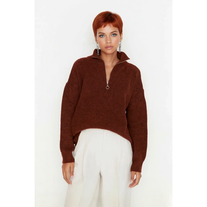 Kadın Oversize Basic Dokulu Uzun Kollu Fermuarlı Dik Yaka Selanik Örgü Triko Kazak Kaliteli