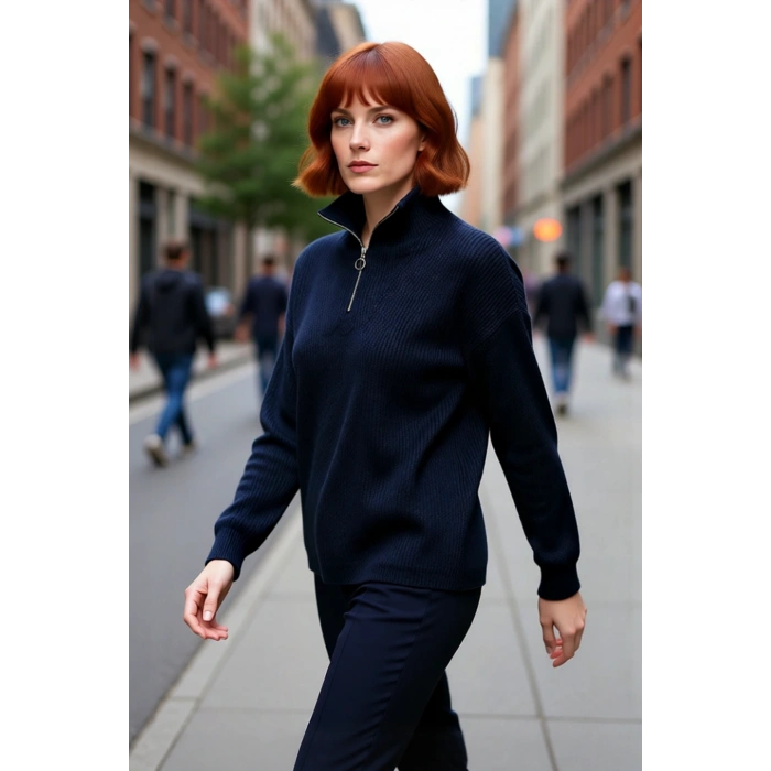 Kadın Oversize Basic Dokulu Uzun Kollu Fermuarlı Dik Yaka Selanik Örgü Triko Kazak Kaliteli