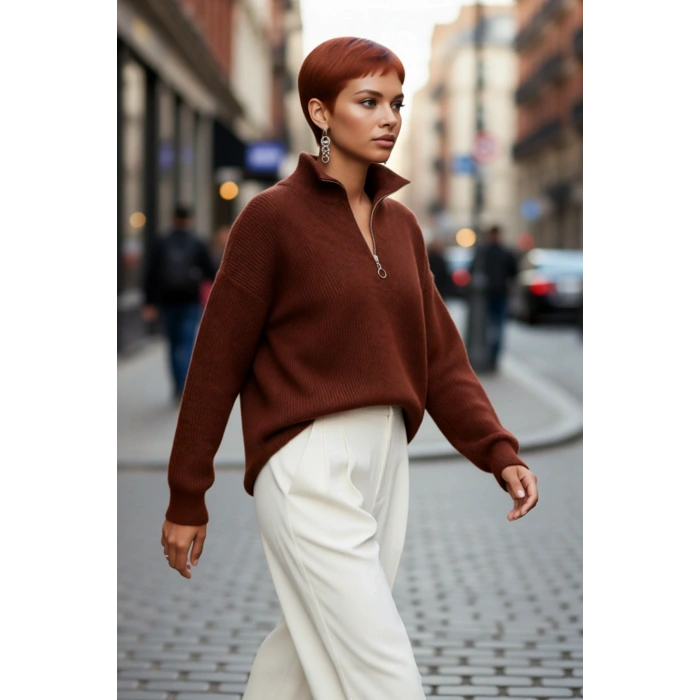 Kadın Oversize Basic Dokulu Uzun Kollu Fermuarlı Dik Yaka Selanik Örgü Triko Kazak Kaliteli