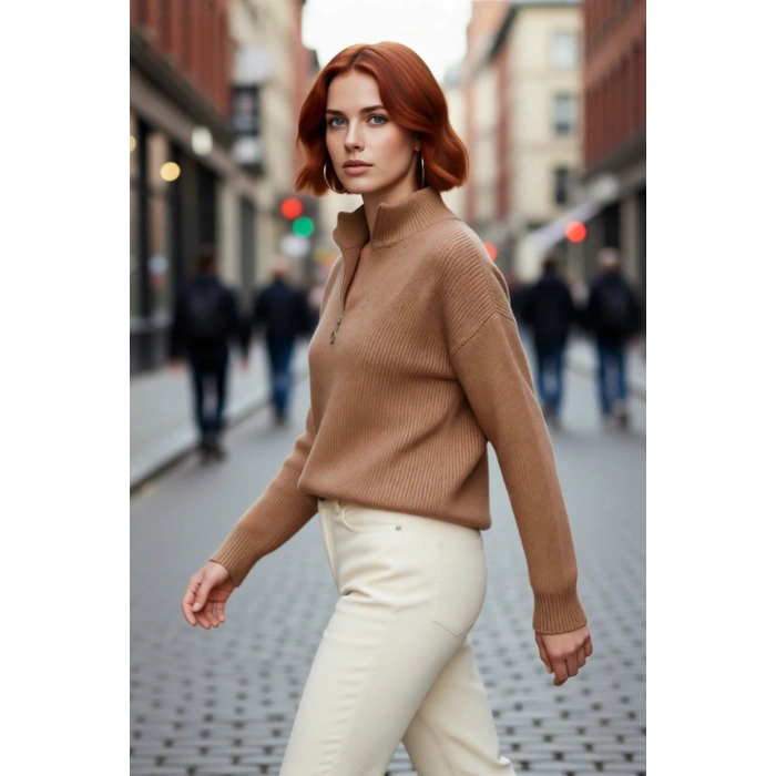 Kadın Oversize Basic Dokulu Uzun Kollu Fermuarlı Dik Yaka Selanik Örgü Triko Kazak Kaliteli