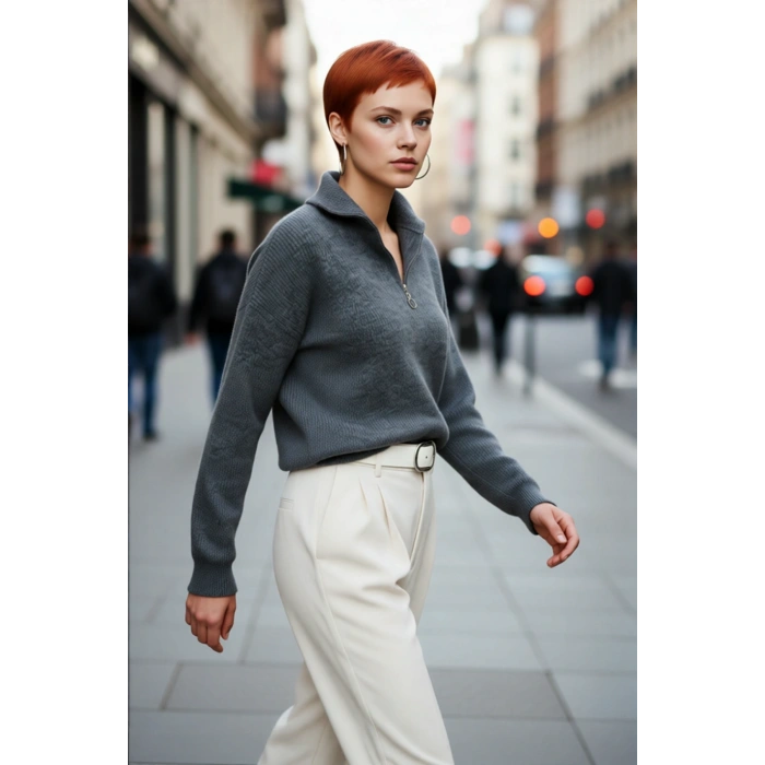 Kadın Oversize Basic Dokulu Uzun Kollu Fermuarlı Dik Yaka Selanik Örgü Triko Kazak Kaliteli