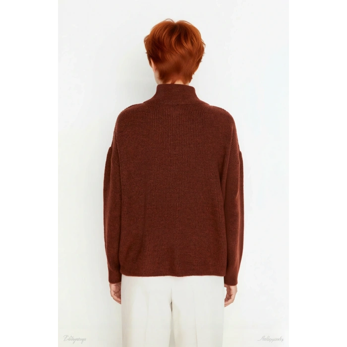 Kadın Oversize Basic Dokulu Uzun Kollu Fermuarlı Dik Yaka Selanik Örgü Triko Kazak Kaliteli