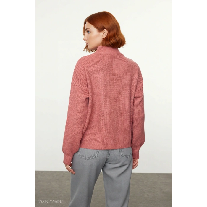 Kadın Oversize Basic Dokulu Uzun Kollu Fermuarlı Dik Yaka Selanik Örgü Triko Kazak Kaliteli