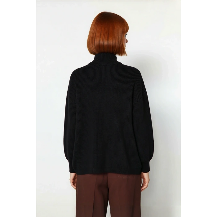 Kadın Oversize Basic Dokulu Uzun Kollu Fermuarlı Dik Yaka Selanik Örgü Triko Kazak Kaliteli