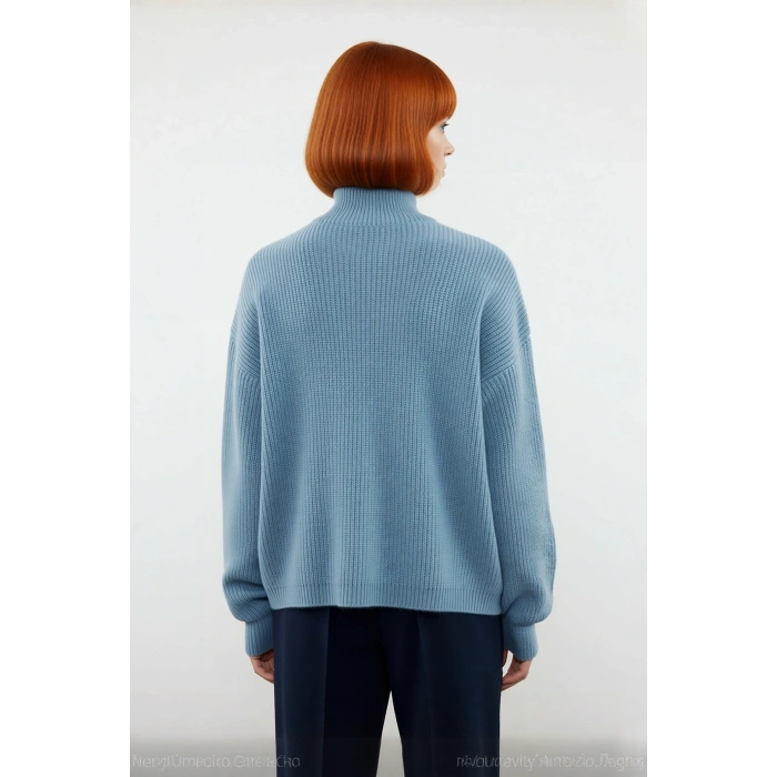 Kadın Oversize Basic Dokulu Uzun Kollu Fermuarlı Dik Yaka Selanik Örgü Triko Kazak Kaliteli