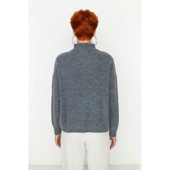 Kadın Oversize Basic Dokulu Uzun Kollu Fermuarlı Dik Yaka Selanik Örgü Triko Kazak Kaliteli