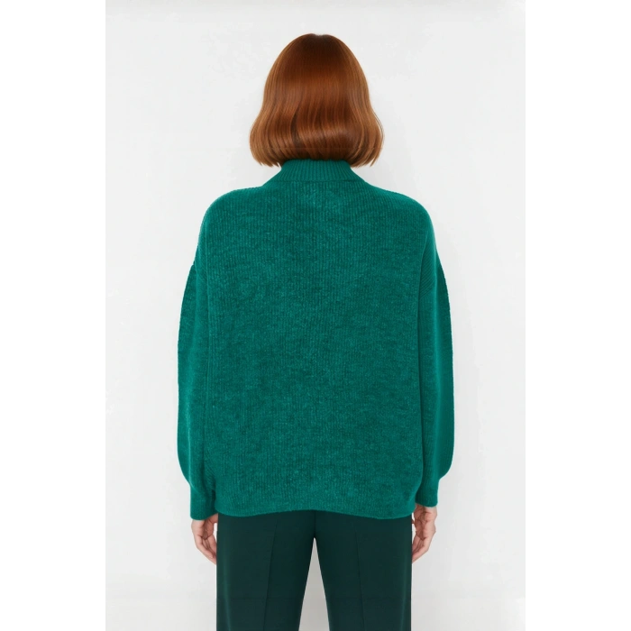 Kadın Oversize Basic Dokulu Uzun Kollu Fermuarlı Dik Yaka Selanik Örgü Triko Kazak Kaliteli