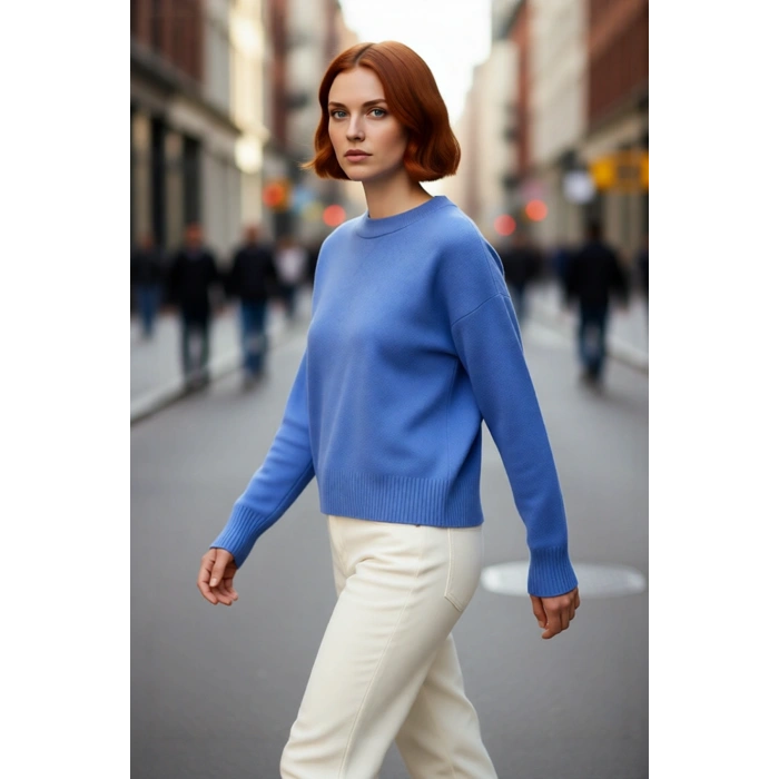 Kadın Oversize Basic Triko Bisiklet Yaka Uzun Düşük Kol Kırmızı Kışlık Günlük Şık Kazak Kaliteli