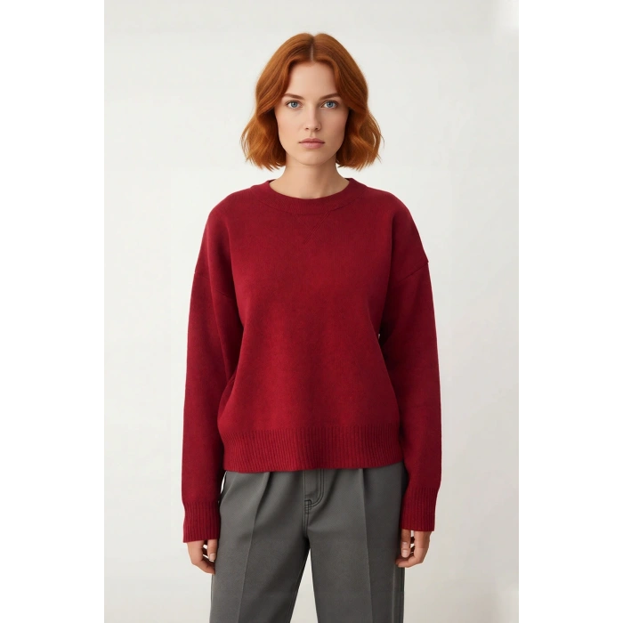 Kadın Oversize Basic Triko Bisiklet Yaka Uzun Düşük Kol Kırmızı Kışlık Günlük Şık Kazak Kaliteli