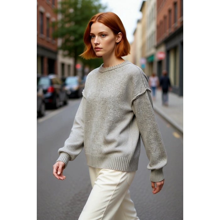 Kadın Oversize Basic Triko Kazak Bisiklet Yaka Uzun Kollu Rahat Kışlık Giyim Modern Kesim Kaliteli