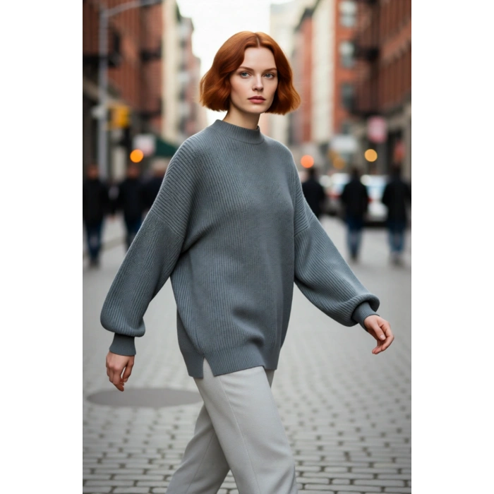 Kadın Oversize Basic Uzun Balon Kol Selanik Dokuma Triko Kazak 100% Akrilik Soğuk Havalar Kaliteli