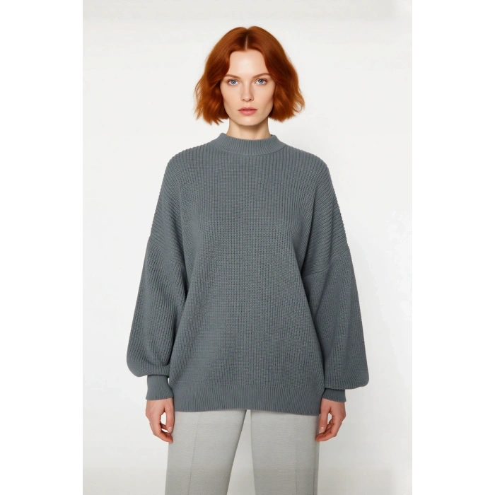 Kadın Oversize Basic Uzun Balon Kol Selanik Dokuma Triko Kazak 100% Akrilik Soğuk Havalar Kaliteli