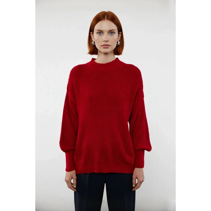 Kadın Oversize Basic Uzun Balon Kol Selanik Dokuma Triko Kazak 100% Akrilik Soğuk Havalar Kaliteli