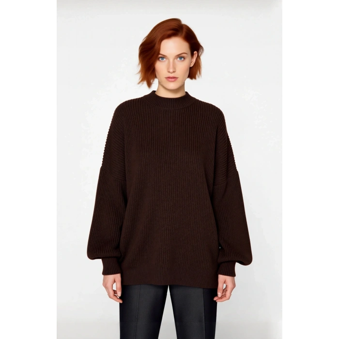 Kadın Oversize Basic Uzun Balon Kol Selanik Dokuma Triko Kazak 100% Akrilik Soğuk Havalar Kaliteli