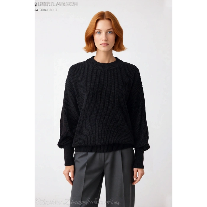 Kadın Oversize Basic Uzun Balon Kol Selanik Dokuma Triko Kazak 100% Akrilik Soğuk Havalar Kaliteli