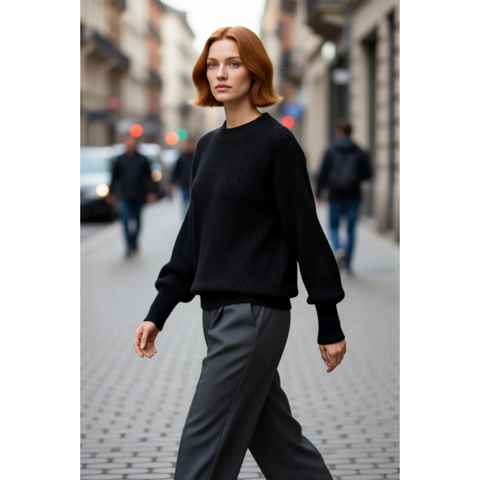 Kadın Oversize Basic Uzun Balon Kol Selanik Dokuma Triko Kazak 100% Akrilik Soğuk Havalar Kaliteli