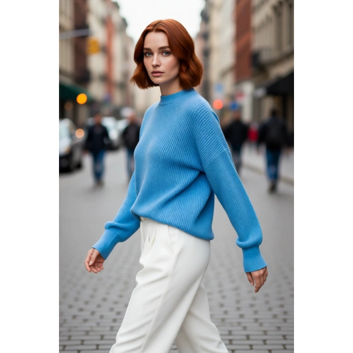 Kadın Oversize Basic Uzun Balon Kol Selanik Dokuma Triko Kazak 100% Akrilik Soğuk Havalar Kaliteli