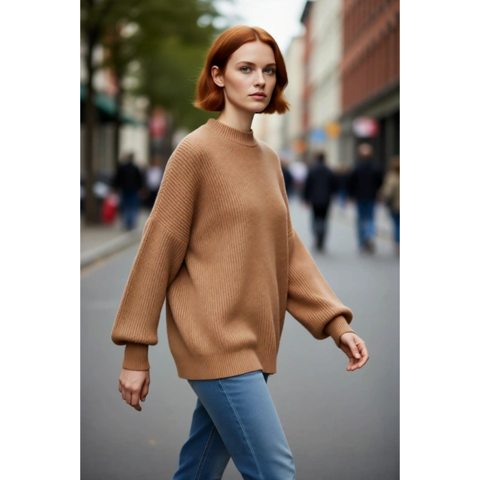 Kadın Oversize Basic Uzun Balon Kol Selanik Dokuma Triko Kazak 100% Akrilik Soğuk Havalar Kaliteli