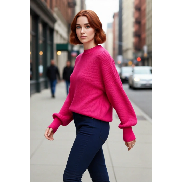 Kadın Oversize Basic Uzun Balon Kol Selanik Dokuma Triko Kazak 100% Akrilik Soğuk Havalar Kaliteli