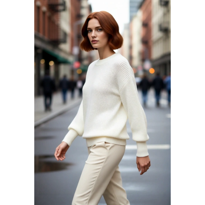 Kadın Oversize Basic Uzun Balon Kol Selanik Dokuma Triko Kazak 100% Akrilik Soğuk Havalar Kaliteli